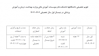 تقویم دانشگاهی نیم سال اول سال تحصیلی ۱۴۰۴-۱۴۰۳